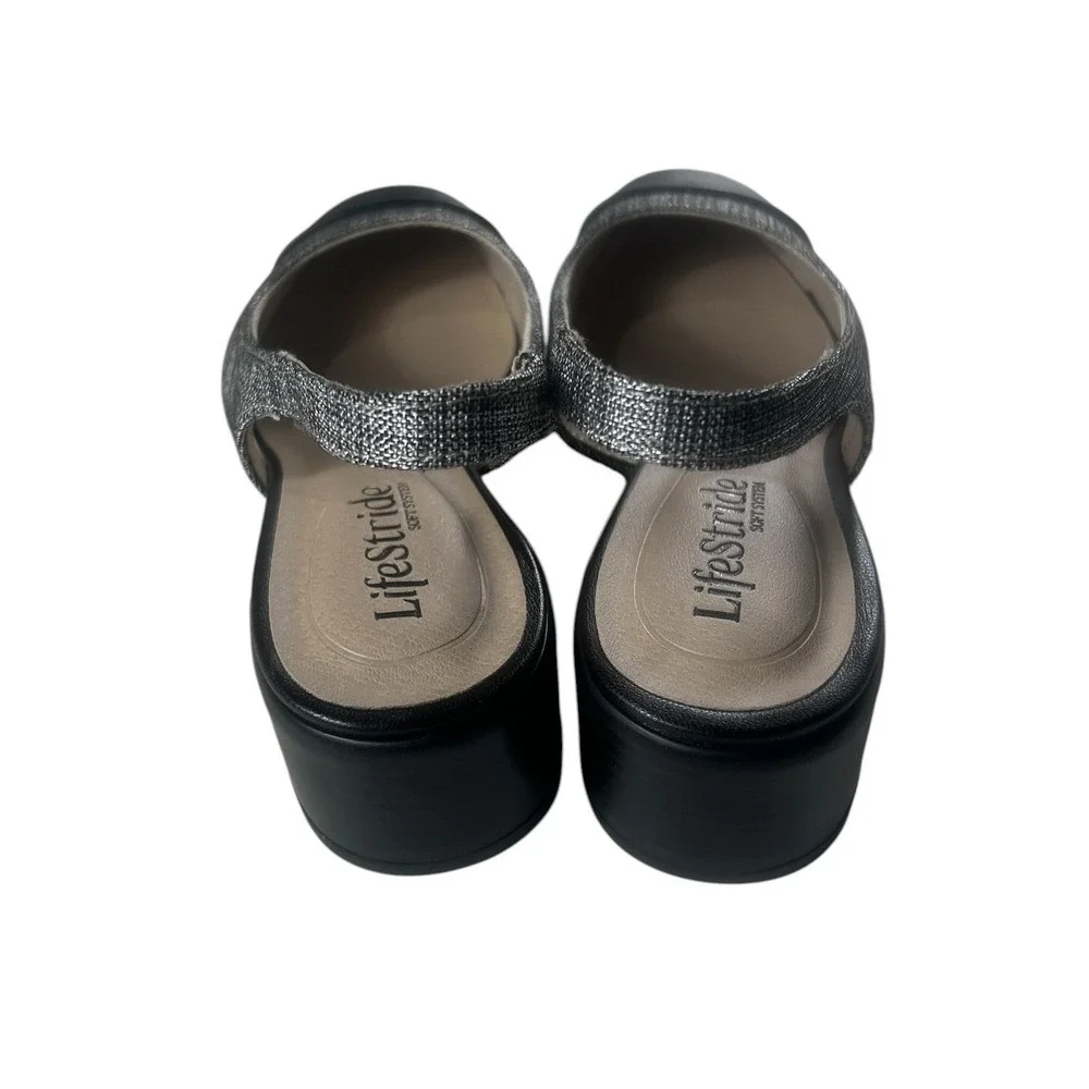 LifeStride Becoming Silver Black Cap Toe Slingback Block Heel Pumps Men 6.5M NEW